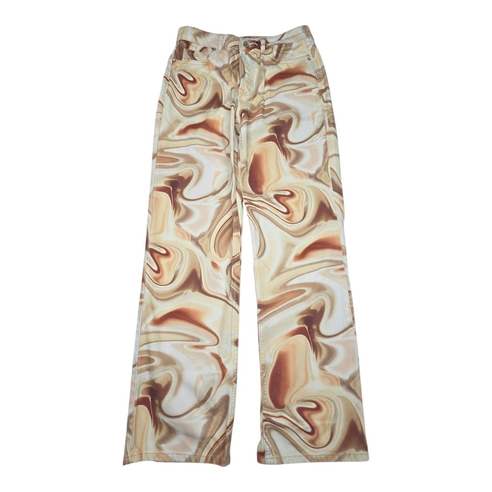 Zara Boho Festival Club Jeans Sz 6 Marble Swirl Print Tan Brown Straight Leg